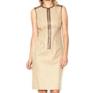 Magaschoni Tan Wool Sheath Dress with Faux Leather Trim, Italian Fabric, Small